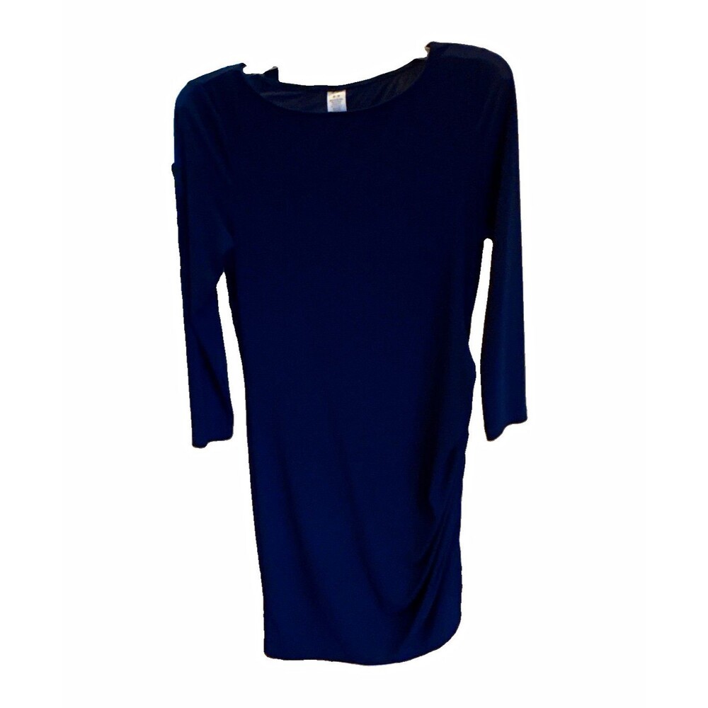 Womens Blue Solid Ruched Midi Sheath Dress Stretch Round Neck 3/4 Sleeve M